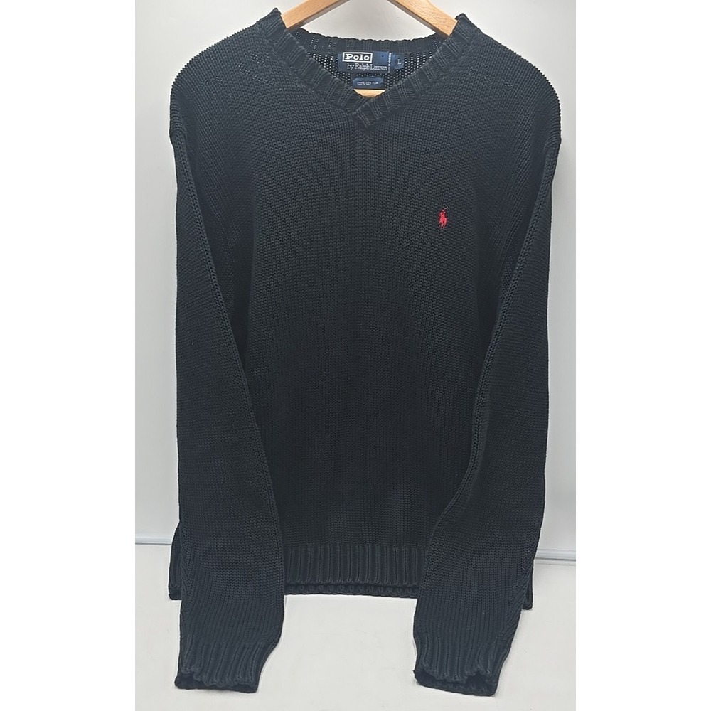 Polo Ralph Lauren Large 90's Preppy 100 % Cotton V-Neck Chunky Sweater - Picture 3 of 12